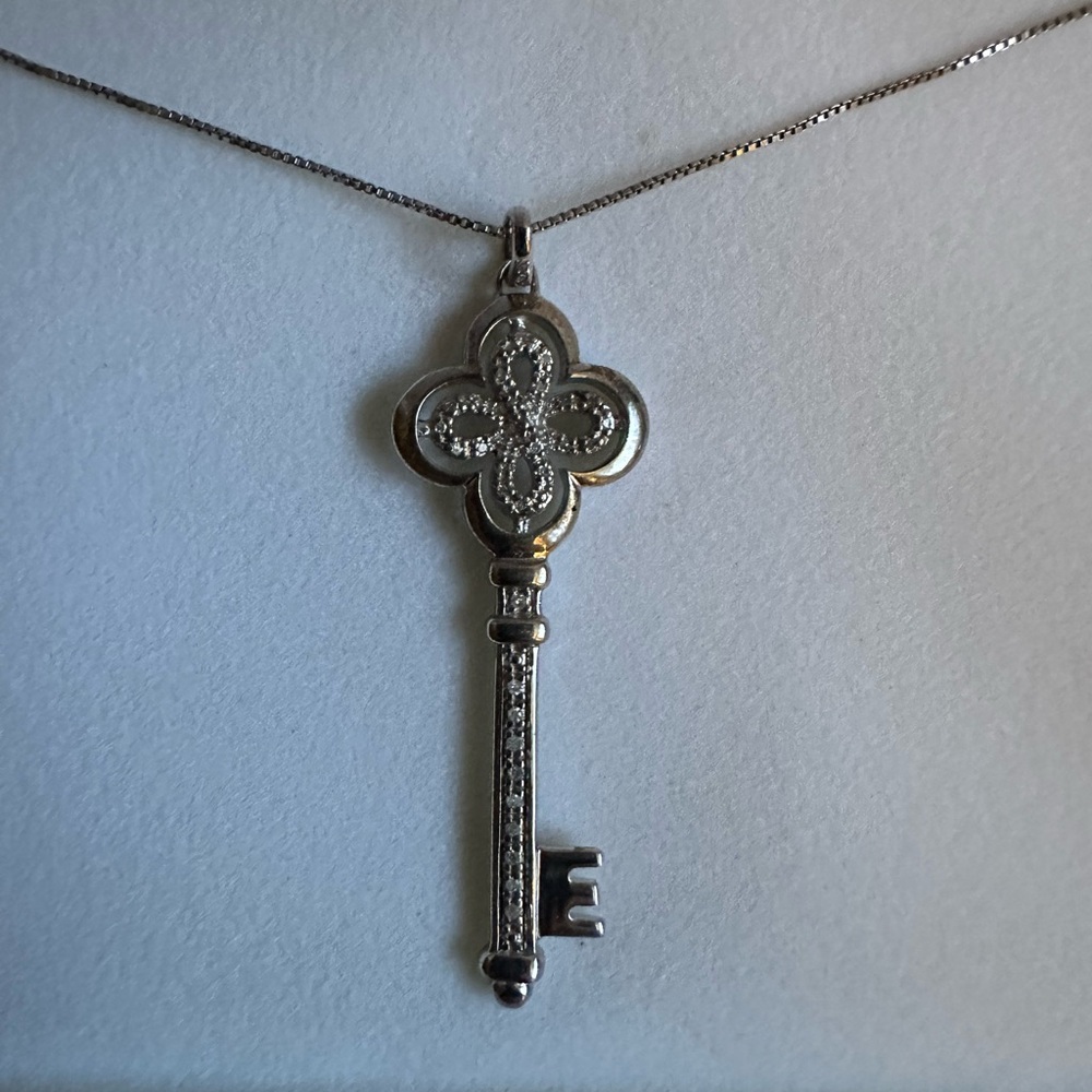 Silver Diamond Skeleton Key Necklace